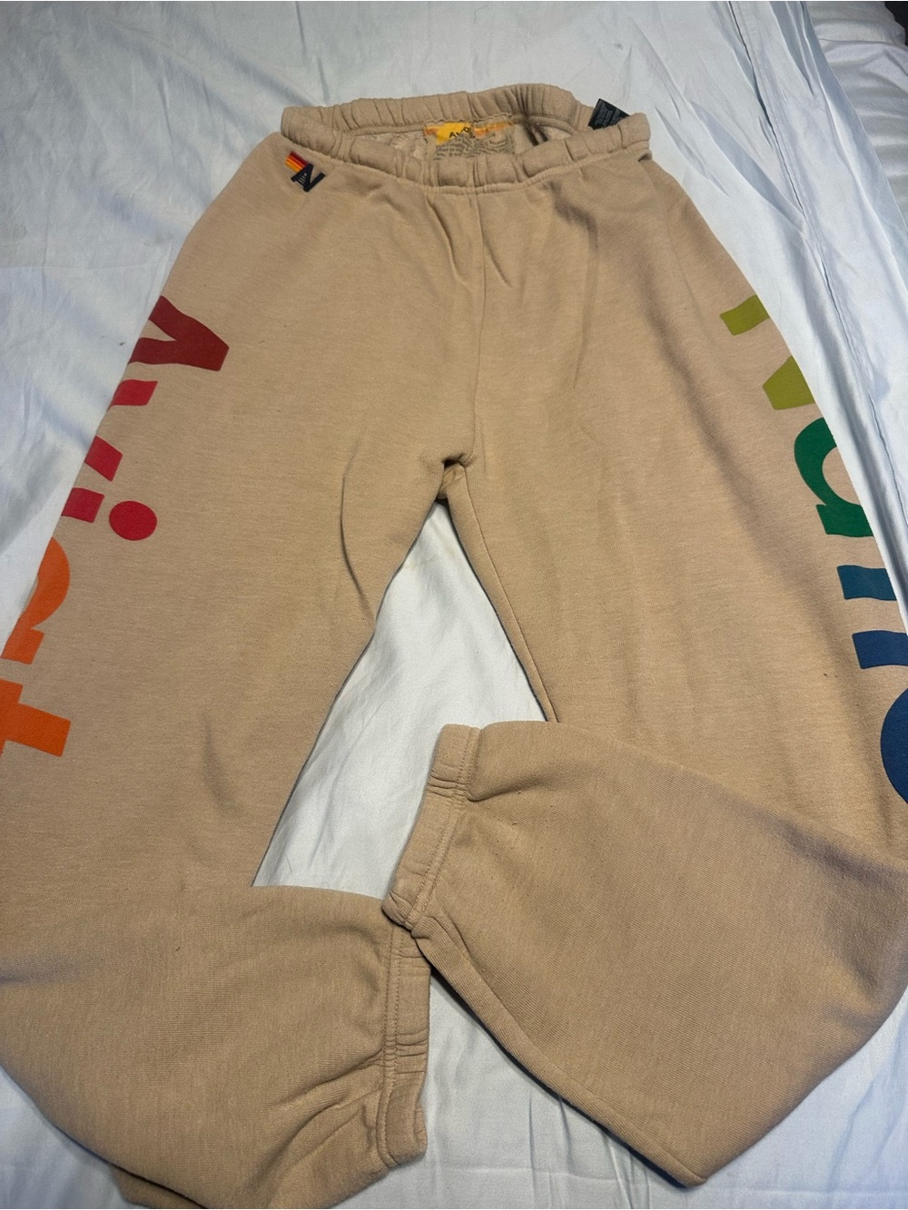 Aviator Nation Beige Track Pants with Rainbow Side Logo